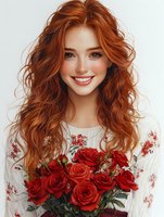 Young woman with natural red curly hair and freckles wearing floral white dress holding bouquet of red roses, smiling warmly at camera. Romantic spring portrait.