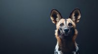 Attentive German Shepherd mix dog with perked ears and distinctive brown and black markings poses against dark background, dramatic studio lighting highlights facial features.
