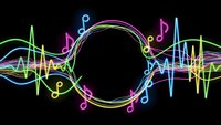 Colorful neon music waves with notes flowing around circular frame on black background for audio production, sound design and entertainment projects.