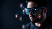 Caucasian man wearing smart augmented reality glasses with digital security padlock icons and network connections, representing cybersecurity technology.