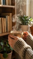 Hands in cozy knit sweater holding steaming hot coffee mug with rising steam in warm home library setting with books and plants creating hygge atmosphere.