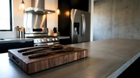 Modern kitchen interior with wooden cutting board and knife set on concrete countertop featuring stainless steel appliances and industrial design elements.