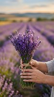 Hand holding fresh lavender bouquet tied with twine in blooming field at sunset. Harvested purple flowers with blurred rows in background, ideal for agriculture, nature, and botanical themes.