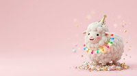 Cute fluffy white sheep character wearing colorful garland and party hat surrounded by confetti on soft pink background for celebrations and festive designs.