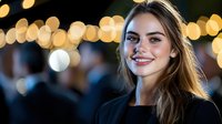 Young Caucasian woman with radiant smile wearing black top against blurred bokeh lights background, natural makeup and long brown hair flowing. Lifestyle portrait.