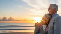 Happy senior couple embracing on beach at sunset, enjoying romantic moment together during golden hour vacation retreat for retirement lifestyle.