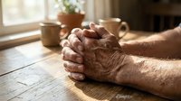 Elderly person's wrinkled hands clasped together on a wooden table, soft natural light, cups and plant in background, faith and hope concept.