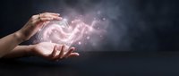 Hands holding glowing pink energy wave with sparkling light particles on dark background, representing magic, power, healing, technology, and innovation for digital design projects.