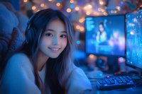 Young Asian woman gamer in cozy room with gaming setup, wearing headphones and smiling at camera, illuminated by blue monitor glow and warm bokeh lights.