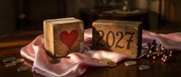 Wooden blocks with red heart and 2027 number on pink silk fabric with gold coins and decorative elements for New Year celebration and romantic occasions.