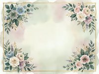Vintage floral frame with roses and greenery in soft pastels, featuring cream, blue, and mauve blooms with ornate gold border on aged background.