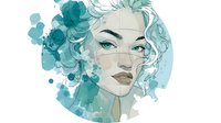 Watercolor portrait of young woman with flowing hair in turquoise and teal tones, artistic fashion illustration with paint splashes on white background.