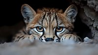 Young wild cat kitten with striking yellow eyes and spotted fur pattern hiding behind rocks in natural habitat.