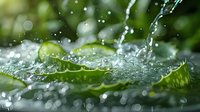 Fresh green leaf with pure water drops and dynamic splash creating a refreshing natural scene. Perfect for wellness, environmental, or organic product advertising.