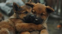 Two adorable brown German Shepherd puppies cuddling together, showing affection with closed eyes in a tender moment of canine companionship.