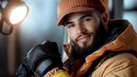 Young Hispanic male photographer with beard wearing winter clothing and beanie holds professional camera, smiling confidently in studio lighting setup.