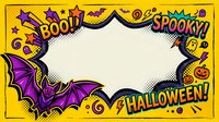 Young woman with pale complexion and dark hair, wearing purple witch hat and black outfit, surrounded by colorful Halloween-themed comic book elements including bats, pumpkins, stars and bold text on yellow background. Isolated design ready for invitations, posters, t-shirts and party decorations.