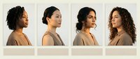 Four diverse women in profile view showcasing different hairstyles and ethnicities for beauty, fashion, and multicultural representation concepts.