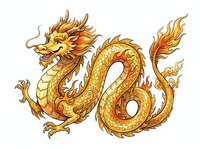 Golden dragon with serpentine body, ornate scales, and flowing mane isolated on white background. Suitable for Asian-inspired designs, logos, and decorative applications.