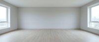 Empty modern room with light wood flooring, white walls, and two large windows providing natural daylight, suitable for interior design and real estate projects.