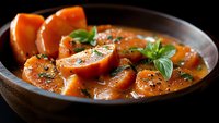 Sausage stew with sliced smoked sausage, tomato sauce, and fresh herbs served in a dark bowl for restaurant, cooking, and food photography use.