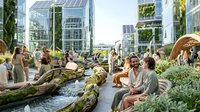 Diverse group of people relaxing in modern eco-friendly urban plaza with green architecture, solar panels, and natural water features for sustainable city living.