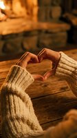 Hands forming heart shape in cozy knit sweater by warm fireplace. Romantic winter evening atmosphere with soft golden lighting and rustic wooden table setting.