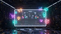 Digital marketing concept with glowing neon icons surrounding laptop screen on futuristic tech background for business presentations and campaigns.