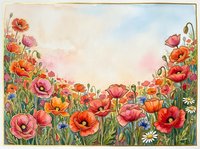Watercolor poppy flowers border frame with daisies and wildflowers on pastel background for spring greeting cards and botanical designs.
