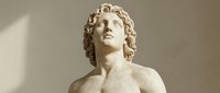 Marble bust sculpture of a young man with curled hair, gazing upward with classical features. Ideal for art, history, museum, and educational content.