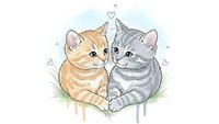 Two adorable kittens sitting together on grass with hearts floating above, orange tabby and gray striped cats in cute cartoon style for pet lovers.