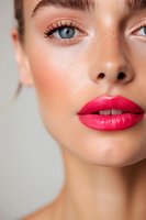 Close-up portrait showing bright red lipstick, blue eyes, and natural freckles on young caucasian woman's face against light background. Professional makeup artistry.
