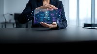 Professional businesswoman presenting holographic data visualization technology in modern office environment for digital transformation concepts.