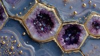 Luxurious amethyst geode slices with gold edges arranged in honeycomb pattern against blue agate background with metallic gold accents.