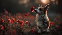 Red fox sniffing poppy flower in meadow at sunset, wildlife in natural habitat surrounded by vibrant red poppies.