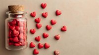 Small glass jar with cork lid filled with red heart-shaped candies spilling onto beige background, symbolizing love and romance.