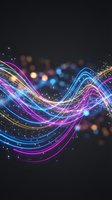 Vibrant neon light waves flowing across dark background with glowing particles and bokeh effects for digital technology and energy concepts.