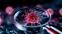 Microscopic view of virus cell in petri dish with dramatic lighting, scientific research concept showing detailed molecular structure in red against dark background.