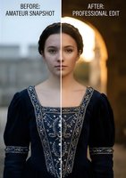 Before and after photo editing comparison showing amateur versus professional retouching techniques on portrait of young Caucasian woman in ornate medieval dress.
