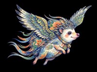 Flying hedgehog with ornate wings, decorated with colorful floral and swirl patterns, isolated on transparent background, ready for stickers, t-shirt design, and print on demand.