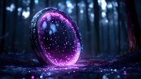 Mystical glowing portal with purple light and sparkles in dark misty forest at night, magical fantasy concept for book covers and digital art projects.