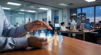 Businessman hands protecting glowing human figures in modern office environment representing employee care, team protection and corporate responsibility concept.