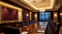 Elegant corporate boardroom with long wooden conference table, leather chairs, crystal chandeliers and city view windows for business meetings.