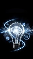 Glowing light bulb with brain inside surrounded by electric energy and digital elements on dark background representing innovation and creative thinking.