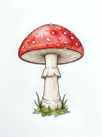 Fly agaric mushroom with red spotted cap and white stem isolated on white background, suitable for botanical illustrations, educational materials, and design projects.