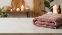 Folded mauve towel on white marble surface with lit candles, wooden shelf, and green plants in soft focus background for spa, wellness, and home decor designs.
