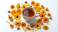 Herbal tea cup surrounded by dried calendula flowers and petals arranged on white background, suitable for wellness, natural medicine, and beverage packaging designs.