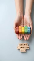 Hands holding colorful wooden blocks with emoji faces showing customer satisfaction scale from unhappy to happy for business feedback concepts.