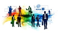 Business professionals silhouettes with colorful watercolor splash and data analytics charts for corporate presentations and marketing materials.