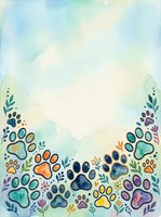 Watercolor illustration featuring colorful animal paw prints in orange, blue, purple, and teal arranged along bottom border with botanical leaf elements and floral accents on soft pastel background. Suitable for pet-related designs.